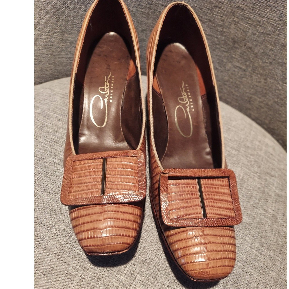 Carlton Originals Vintage Lizard Embossed Leather Buckle Pumps Brown 6.5 AA